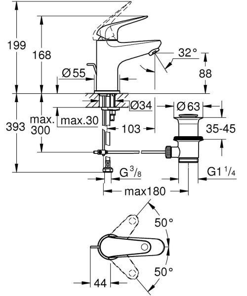 Grohe Euroeco Einhand-Waschtischbatterie S-Size mit Ablaufgarnitur und Rosette, chrom