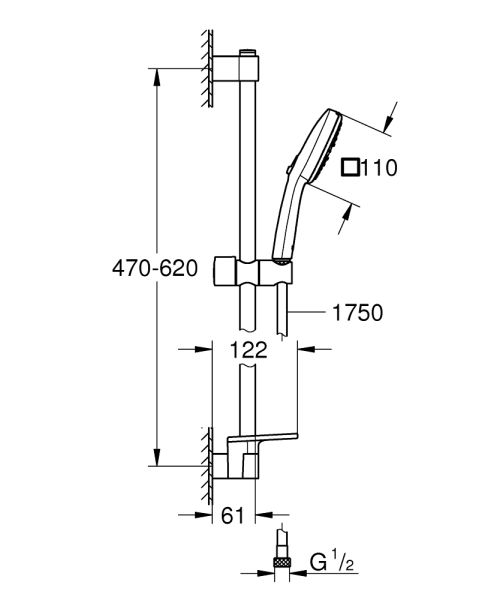 Grohe Tempesta Cube 110 Brausestangenset 60cm mit Ablage, 3 Strahlarten, 13,5 l/min, chrom