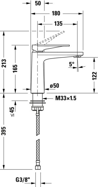 Duravit Tulum Einhebel-Waschtischmischer ohne Zugstangen-Ablaufgarnitur, chrom, TU1020002010, techn. Zeichnung