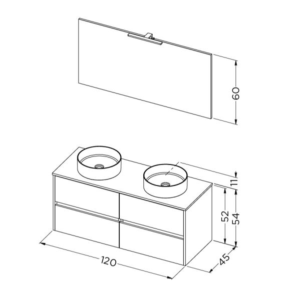 RIHO Porto Bowl Set 120cm 2 Aufsatzwaschtischen, Unterschrank, Spiegel mit LED, 4 Auszügen, weiß glanz F014128DP0