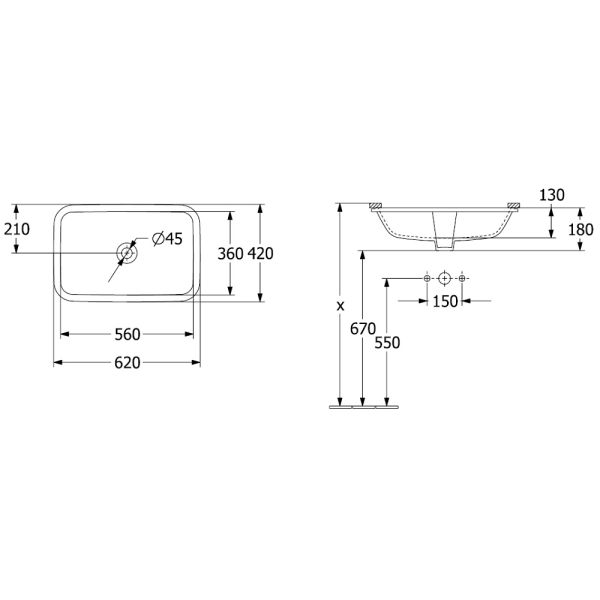 Villeroy&Boch Architectura Unterbauwaschtisch 57x36m, weiß 5A776001 technische Beschreibung