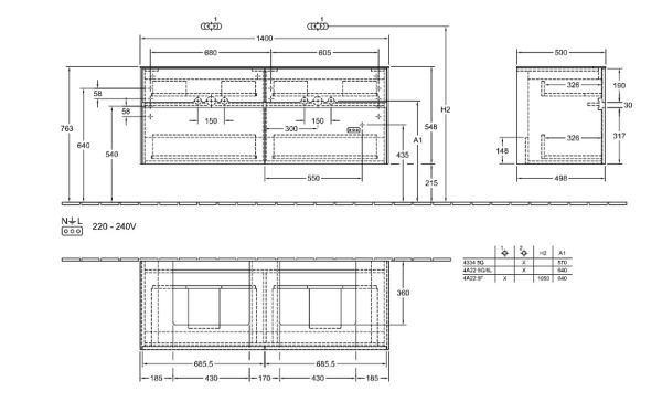 Villeroy&Boch Collaro Waschtischunterschrank passend zu Aufsatzwaschtisch 43345G, 140cm technische Zeichnung