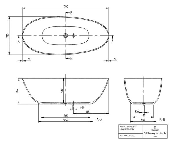 Villeroy&Boch Antao freistehende Badewanne 170x75cm, weiß 170TAO7TF2BCV01 