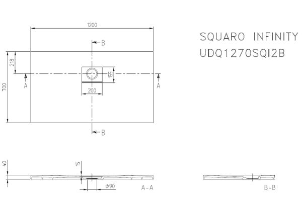 Villeroy&Boch Squaro Infinity Quaryl®-Duschwanne, lange Seite geschnitten an der Wand, 120x70cm, techn.Zeichnung