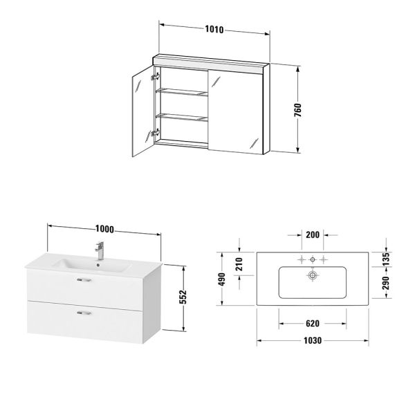 Duravit XBase Badmöbel-Set 103cm mit ME by Starck Waschtisch und Spiegelschrank