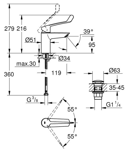 Grohe Eurosmart Wasserhahn S-Size, langer Hebelgriff, chrom