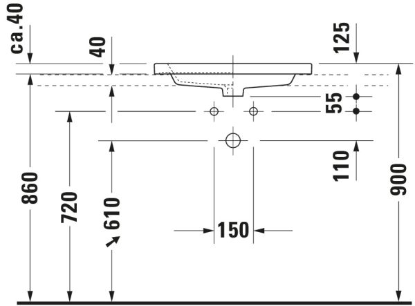 Duravit Universal Einbauwaschtisch 60x43cm, mit Überlauf, ohne Wondergliss, weiß 0347600000