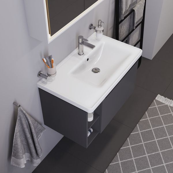 Duravit D-Neo Waschtisch rechteckig 80x48cm, mit Hahnloch, Überlauf, Becken rechts, WonderGliss, weiß