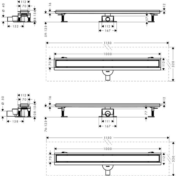 RainDrain Go Komplettset Duschrinne 100cm befliesbar für Standard-/flache Installation, edelstahl gebürstet 56275800