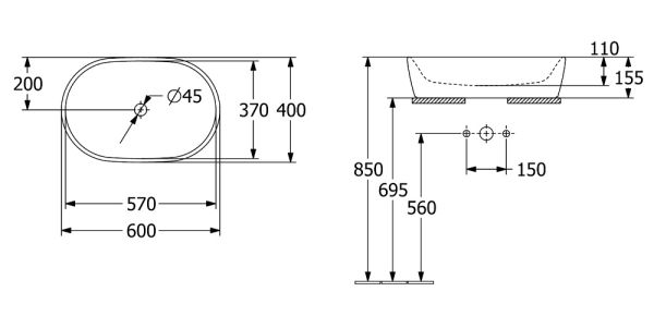 Villeroy&Boch Architectura Aufsatzwaschbecken oval, 60x40cm, weiß, 5A266001, technische Beschreibung
