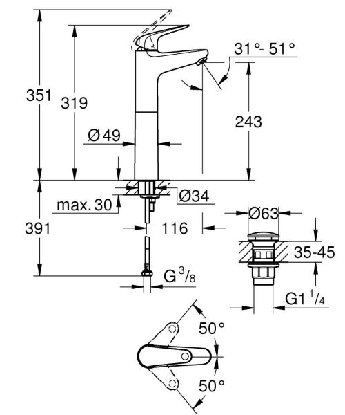 Grohe QuickFix Swift 2023 Einhand-Waschtischbatterie Push-Open Ablaufgarnitur XL-Size, chrom