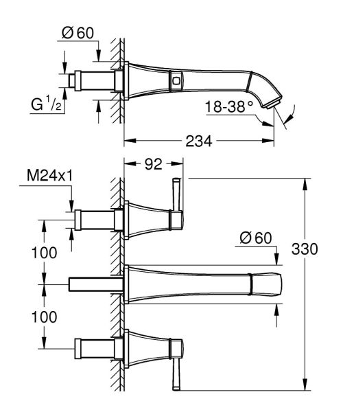 Grohe Grandera 3-Loch-Waschtisch-Wandbatterie L-Size, Ausladung 234mm