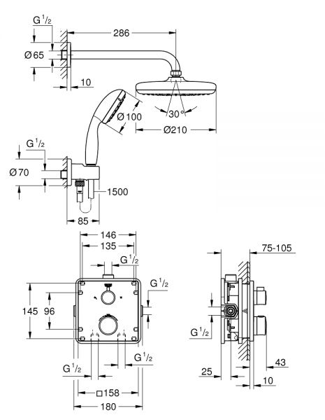 Grohe Grohtherm Duschsystem Unterputz Komplettset, eckig, chrom