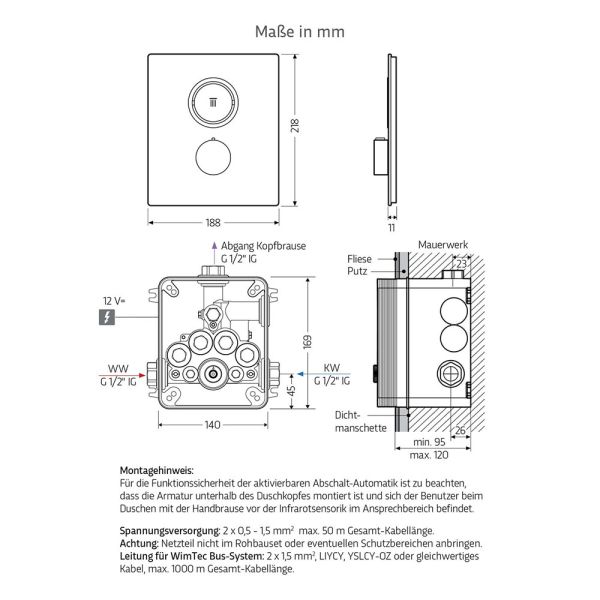 WimTec OCEAN S6 - 12 V elektronische Duscharmatur mit Thermostat für Netzbetrieb