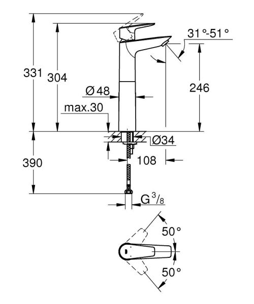 Grohe BauEdge Einhand-Waschtischbatterie XL-Size für freistehende Waschschüsseln, chrom