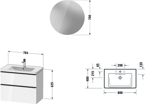 Duravit D-Neo Möbel-Set 80cm mit Waschtisch, Waschtischunterschrank und rundem Spiegel