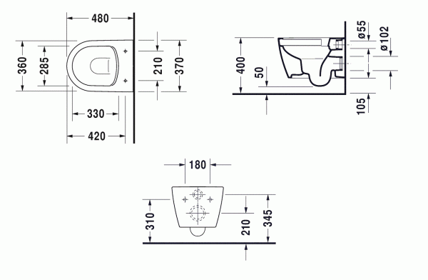 Duravit ME by Starck Wand-WC Tiefspüler, rimless, Compact, 37x48cm, weiß