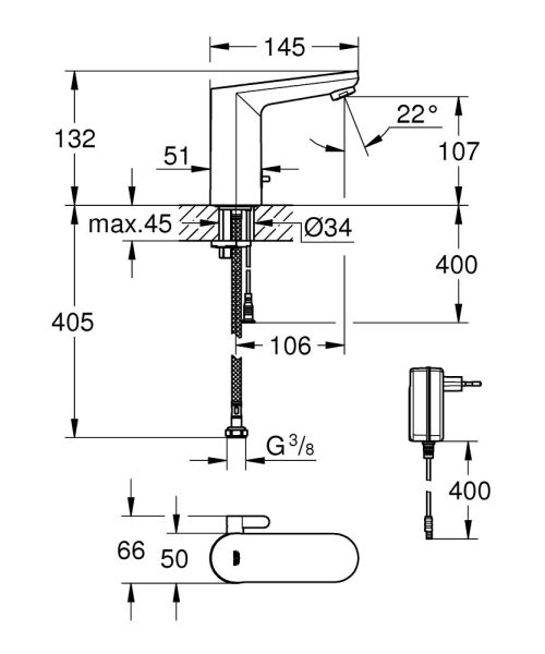 Grohe Eurosmart Cosmopolitan E Infrarot-Elektronik für Waschtisch, mit Mischung und Netzteil, chrom