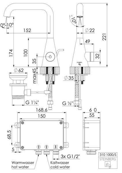 Steinberg Serie 310 iconic elektronische Waschtisch-Armatur mit Zugstangen-Ablaufgarnitur