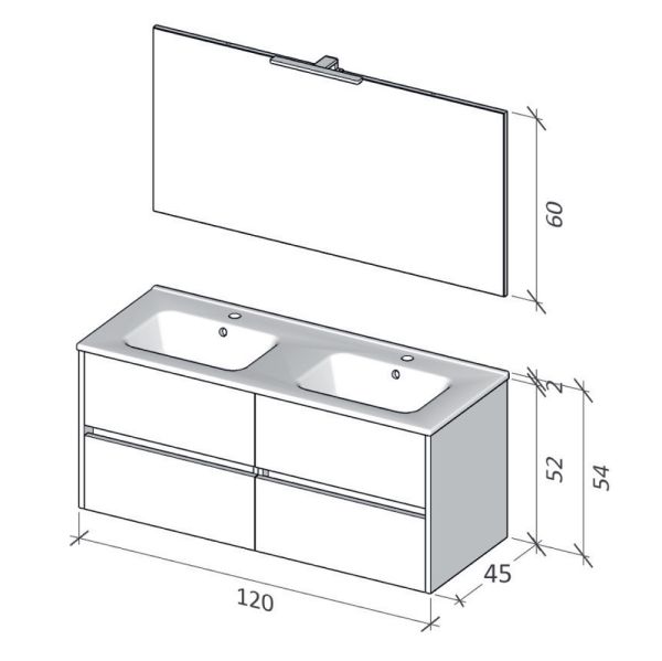 RIHO Porto Square Doppelwaschtisch mit Unterschrank 120cm, Spiegel mit LED, 4 Auszügen F014062DP