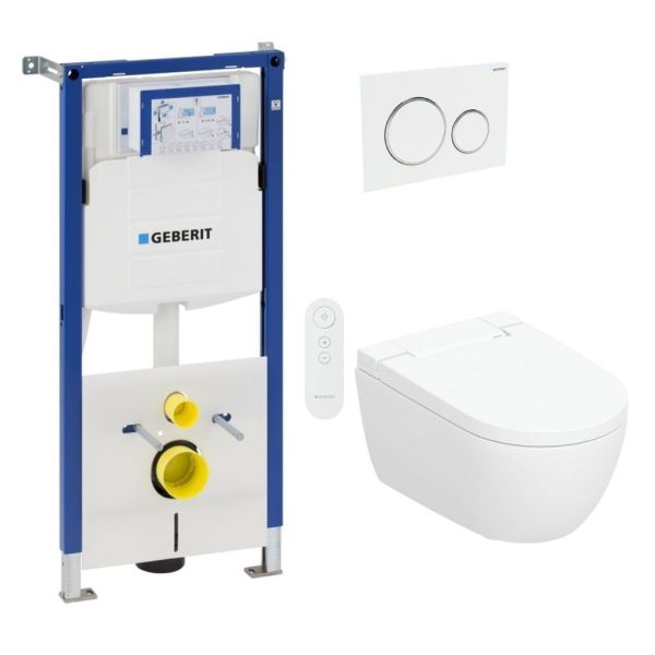 Geberit AquaClean Alba Wand-Dusch-WC Komplett-SET mit Sigma20 Betätigungsplatte, weiß/chrom