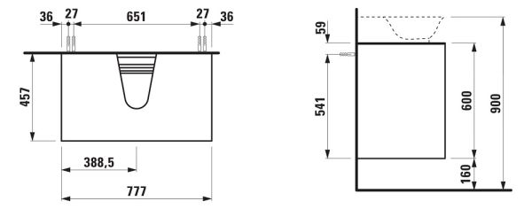 Laufen The New Classic Schubladenelement 78cm, 2 Schubladen, zu Aufsatz-Handwaschbecken 81685.2, techn. Zeichnung