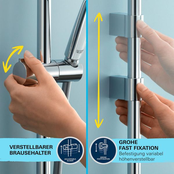 Grohe QuickFix Vitalio Start 110 Brausestangenset 600 mit Handbrause 2 jet & Duschablage, chrom