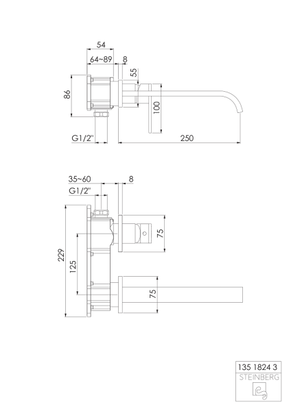 Steinberg Serie 135 Waschtisch-Wand-Einhebelmischer Fertigmontageset 250mm chrom 13518243