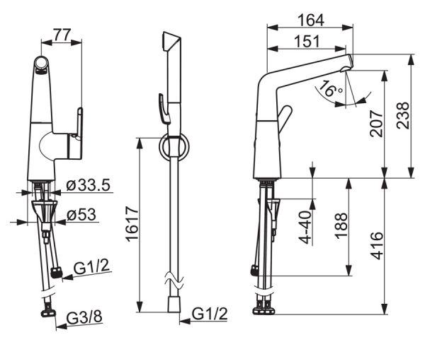 Hansa Hansadesigno Style Waschtisch-Einhand-Einlochbatterie mit Funktionsbrause, chrom