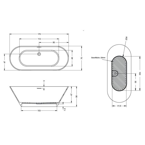 RIHO Solid Surface Barcelona freistehende Badewanne 170x70x58cm, weiß seidenmatt B117001105