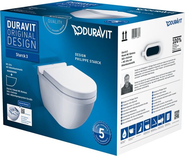 Duravit Starck 3 Wand-WC Set inkl. WC-Sitz mit Absenkautomatik, 54x37cm, oval, WonderGliss, rimless, weiß 45270900A11