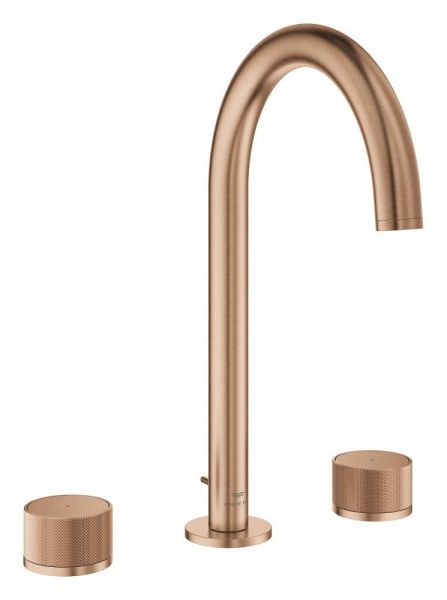 Grohe Atrio 3-Loch-Waschtischarmatur L-Size mit Ablaufgarnitur, Knopfbetätigung, wassersparend, warm sunset gebürstet 20595DL0