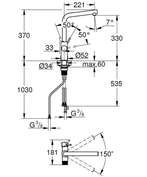 Grohe Blue Pure Minta Einzelarmatur, schwenkbarer L-Auslauf mit Filterfunktion, chrom