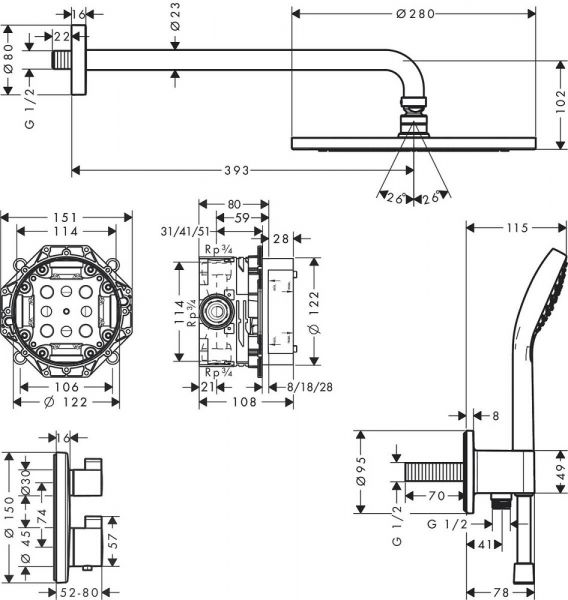 Hansgrohe Croma Duschsystem Unterputz 280 1jet mit Ecostat S, chrom