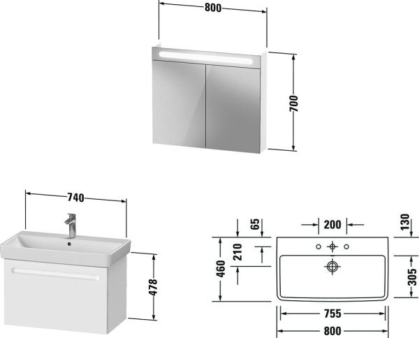 Duravit No.1 Badmöbel-Set 80cm mit Waschtisch, Spiegelschrank, 1 Auszug und Innenschublade