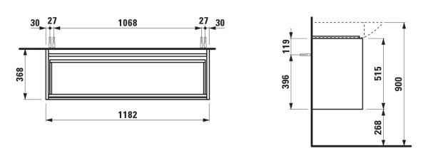 Laufen Lani Palace Waschtischunterbau mit 2 Schubladen, 118cm für WT Palace 81170.4, techn. Zeichnung