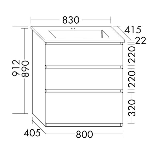 Burgbad Lin20 Keramik-Waschtisch mit Waschtischunterschrank, 3 Auszüge, bodenstehend, 83x41,5cm SGHE083F5351C0001