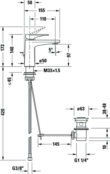 Duravit Tulum Einhebel-Waschtischmischer Fresh-Start mit Zugstangen-Ablaufgarnitur, chrom, TU1011001010 techn. Zeichnung