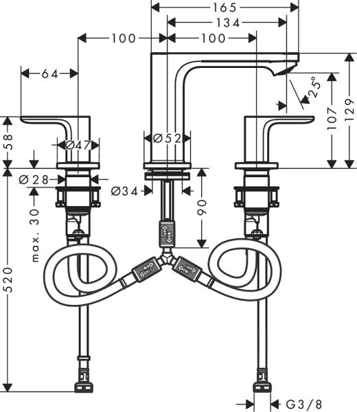 Hansgrohe Rebris S 3-Loch Waschtischarmatur 110 mit Zugstangen-Ablaufgarnitur, chrom 72530000