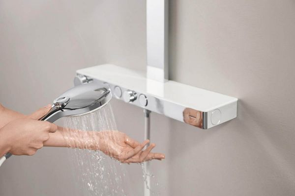 Grohe Rainshower Aqua Pure Duschsystem mit Thermostatbatterie, Kopfbrause eckig, 15 l/min