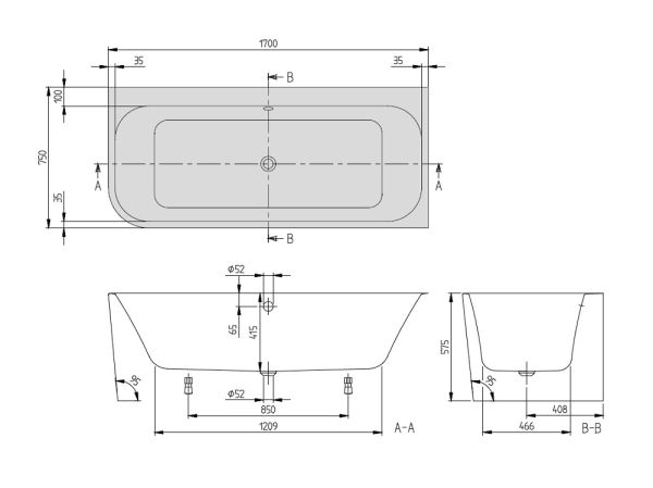 Villeroy&Boch Architectura Eck-Badewanne 170x75cm, rechte Ausführung, weiß