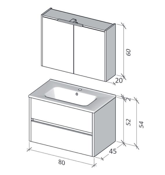 RIHO Porto Square Waschtisch mit Unterschrank 80cm & Spiegelschrank mit LED Beleuchtung F014044DP