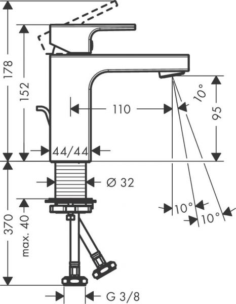 Vernis Shape Einhebel-Waschtischmischer 100 mit Metall Zugstangen-Ablaufgarnitur 71568000 Zeichnung