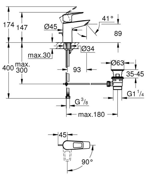 Grohe BauLoop Waschtischarmatur S-Size mit Ablaufgarnitur, Energie-Spar-Funktion, chrom