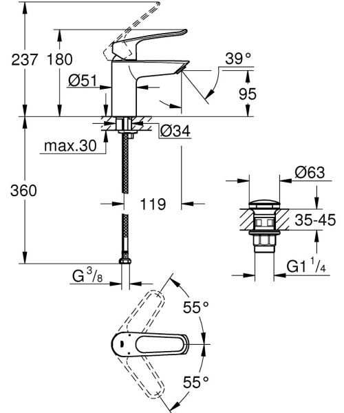 Grohe Eurosmart Einhand-Waschtischbatterie S-Size mit Push-Open, offener Hebelgriff, chrom