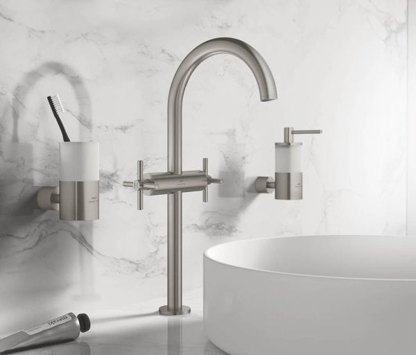 Grohe Atrio 2-Griff-Waschtischmischer XL-Size für Aufsatzbecken mit Push-Open, Kreuzgriffen supersteel 21149DC0