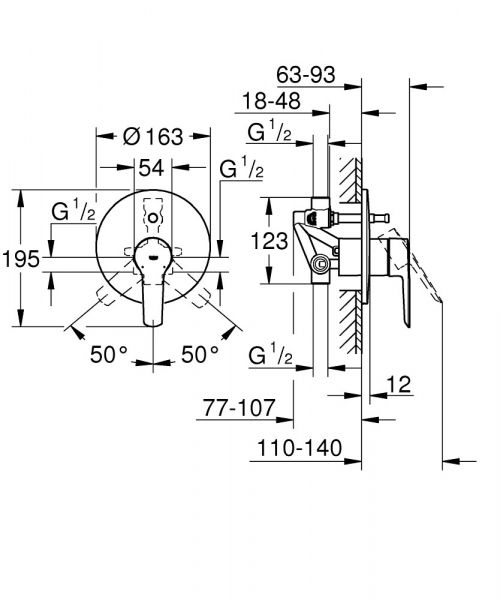 Grohe Start Unterputz Wannenbatterie chrom 23558002 Zeichnung