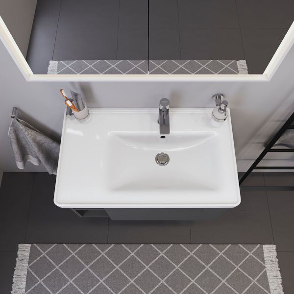 Duravit D-Neo Waschtisch rechteckig 80x48cm, mit Hahnloch, Überlauf, Becken rechts, WonderGliss, weiß