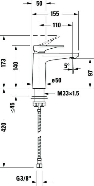 Duravit Tulum by Starck Einhebel-Waschtischmischer ohne Zugstangen-Ablaufgarnitur, chrom, TU1010002010, technische Zeichnung