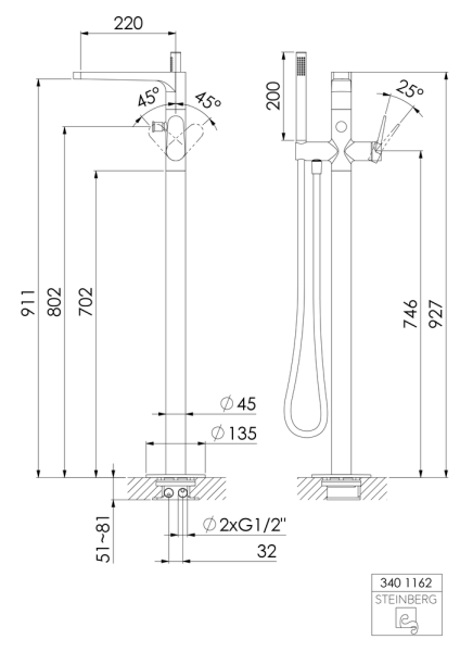 Steinberg Serie 340 freistehende Wannen-Armatur mit Handbrause, Ausladung 220mm